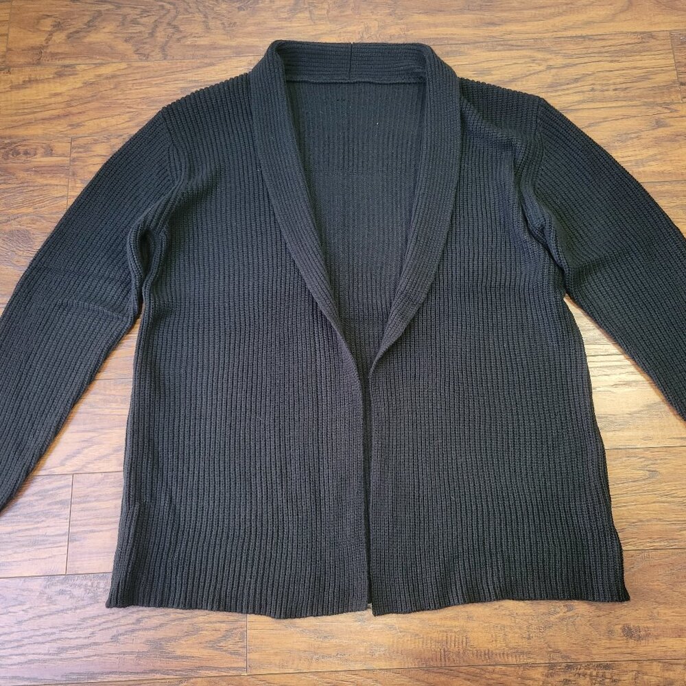 Plain Black Men's Shawl Collar Open Front Long Sleeve Cardigan Sweater sz L EUC